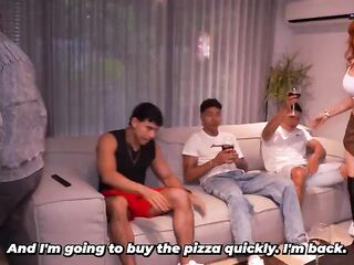 Celeste Alba enjoys three ramrods at the same time with cumshots at the end