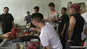 ”Redhead takes huge cock in booty in public”