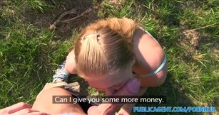 Blonde with clean shaven pussy fucks in the grass
