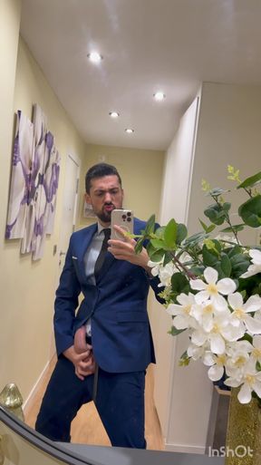 hot daddy in suit jerking off cums like crazy