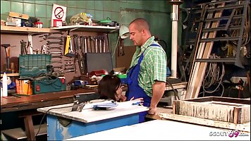 Chubby German babe is about to get fucked harder than ever before, in a local workshop