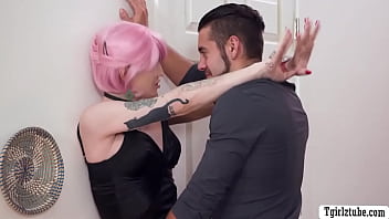 Pink haired shemale barebacked by new bf