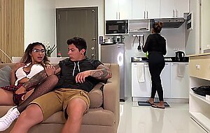 Naughty college girl fucks her mom's boyfriend on the couch in front of her!