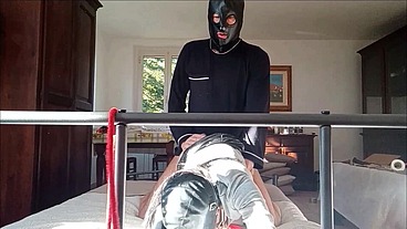Bound in a bed I have all my holes roughly fucked by a big cock front view