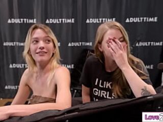 Kenna James and Octavia Red have enough time for a QUICK LICK.The busty lesbians kiss and the big tits babe is licked when the director shows up