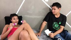 I go into my stepsister&#039;s room to show her some condoms from our parents and she helps me use them by fucking