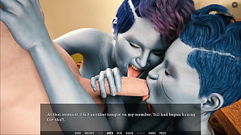 Two slutty alien girls share big white cock in animated 3D hentai game