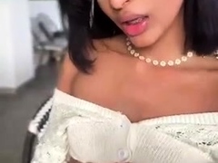 Amateur busty brunette masturbates and does hand job