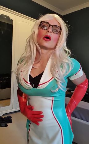 Fetish nurse Jessica, blonde, white seamed stockings, examining herself and cumming in chastity