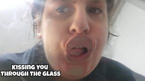 Passionate Glass Table Kisses - Face Pressed Against Glass POV