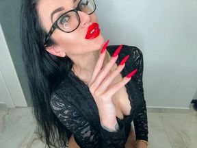 Bright red long nails, finger sucking, black lace lingerie face and long fingers fetish