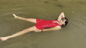 wetlook red dress that  floats  on water