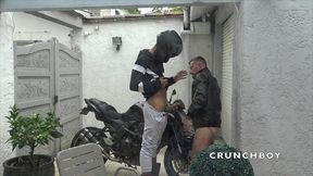 fucked bareback by motorbiker in leather uniform outdoor