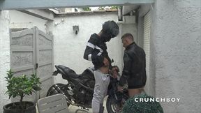 fucked bareback by motorbiker in leather uniform outdoor