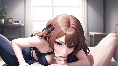 AI waifu deepthroats big tits in blue lingerie POV creampie