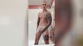 Sexy muscle boy jerking off in shower with big cumshot