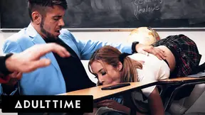 ADULT TIME - Bored Petite Aiden Ashley Sucks Classmate Under Desk Then Gets Fucked After Class