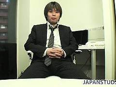 Taking a break from work, this Asian stud is eager to satisfy his needs