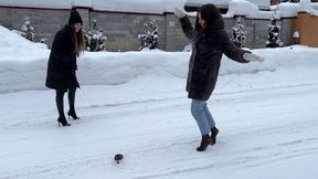 Girls on high heels mules walking on snow and icy road, high heels on ice, high heels on snow, slippery mules, slippery high heels, high heels stuck on ice