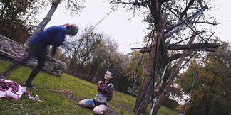 Tattooed girl in ropes gets BDSM suspension & bondage fun in the great outdoors