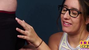 Cumshot ending for newbie CFNM teen giving her first BJ