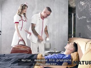 MATURE4K. Golden-haired lengthy-legged nurse is revitalising her patient with her constricted twat and oral sex