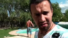 Blonde gets DP and gangbanged poolside