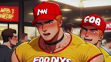 Hot Gay Sex with Waiters in Public During Dinner. Hard Cock in the Ass and Cum on the Customers' Food.