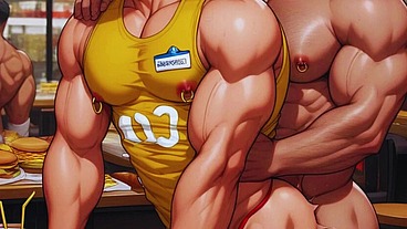 Hot Gay Sex with Waiters in Public During Dinner. Hard Cock in the Ass and Cum on the Customers' Food.