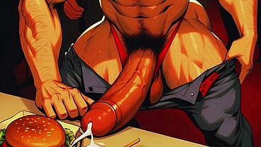 Hot Gay Sex with Waiters in Public During Dinner. Hard Cock in the Ass and Cum on the Customers' Food.