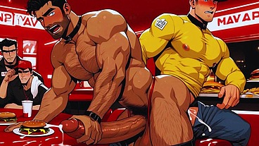 Hot Gay Sex with Waiters in Public During Dinner. Hard Cock in the Ass and Cum on the Customers' Food.