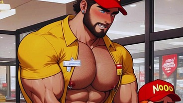 Hot Gay Sex with Waiters in Public During Dinner. Hard Cock in the Ass and Cum on the Customers' Food.