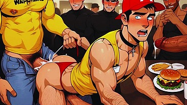 Hot Gay Sex with Waiters in Public During Dinner. Hard Cock in the Ass and Cum on the Customers' Food.