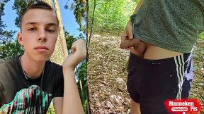 Pissed on the tree. Naked walk in the woods