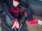 Super hero Spiderman Cosplay twink getting fucked by machine