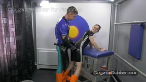 2 men in taut shining condom & orange footwear; bootie finger-banging, milking each other, faux-cocks, analingus