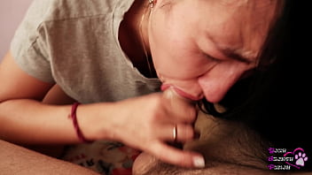 Black-haired housewife gives sloppy 1 on 1 blowjob in bedroom