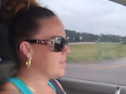 Cute Babe Smoking wearing Sunglasses and Mini Dress Driving Truck