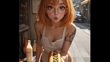 Cute waitress adds sauce to your hot dog