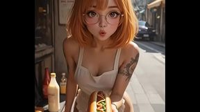 Cute waitress adds sauce to your hot dog