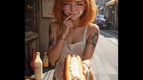 Cute waitress adds sauce to your hot dog