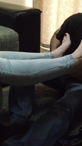 Foot worship for a woman in jeans   Clip 1
