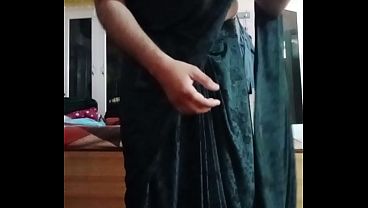 Indian Gay Crossdresser Gaurisissy feeling horny in black saree showing her big boobs