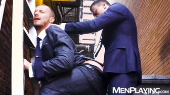 Executive studs Nate Rose and Zack Mackay bareback fuck outdoors in suits