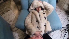 Blowjob while bossing around in white fur coat and ugg booty, 208 strokes deep.