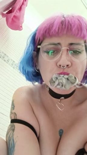 Slut DROOLING with panties in her mouth, big boobs and hairy armpits, so sloppy!