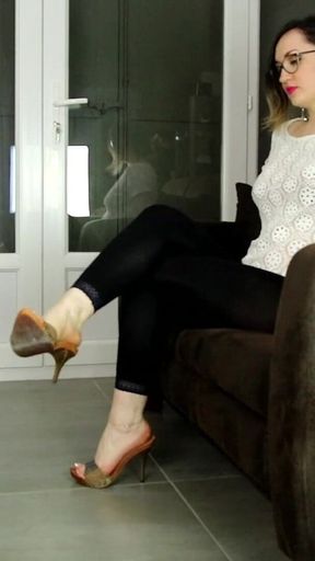 Shoeplay and Dangling with High Heel Wooden Mules