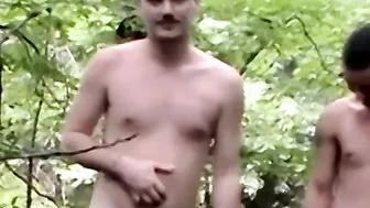 Two amateur friends jerk off and compete to cum first in the woods