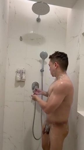 Filipino Muscle Twink Strokes His Hard Cock in Hotel Shower Until He Explodes