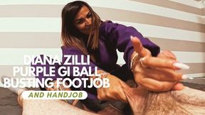 Diana Zilli purple gi ballbusting footjob and handjob